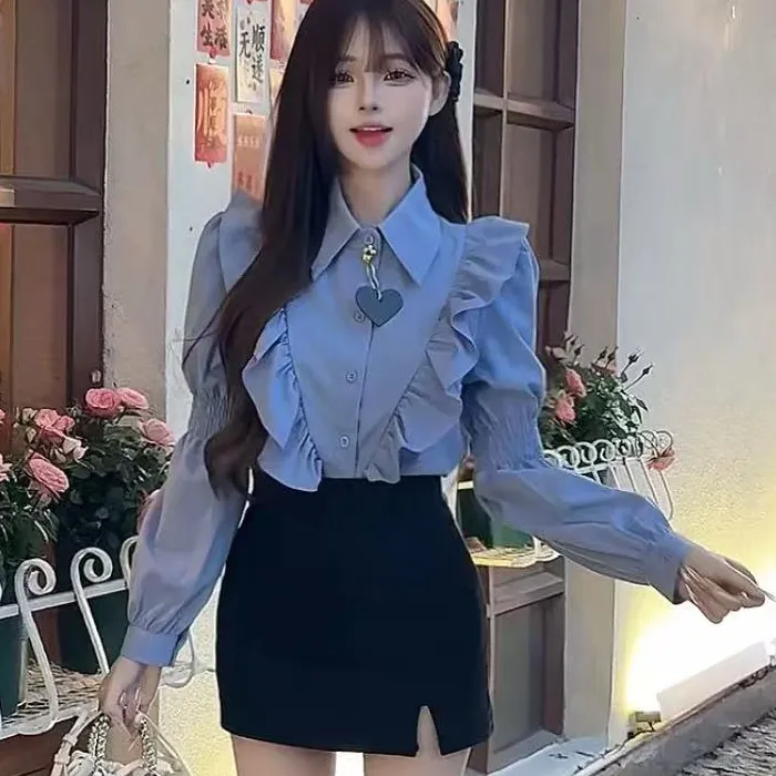 【浅浅专属】春秋季新款2025气质荷叶边设计感POLO 领泡泡袖衬衣