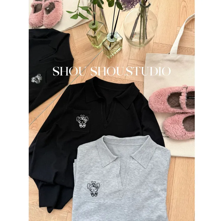 【瘦瘦】天使KT-大码polo领羊毛刺绣针织百搭显瘦针织打底S02417