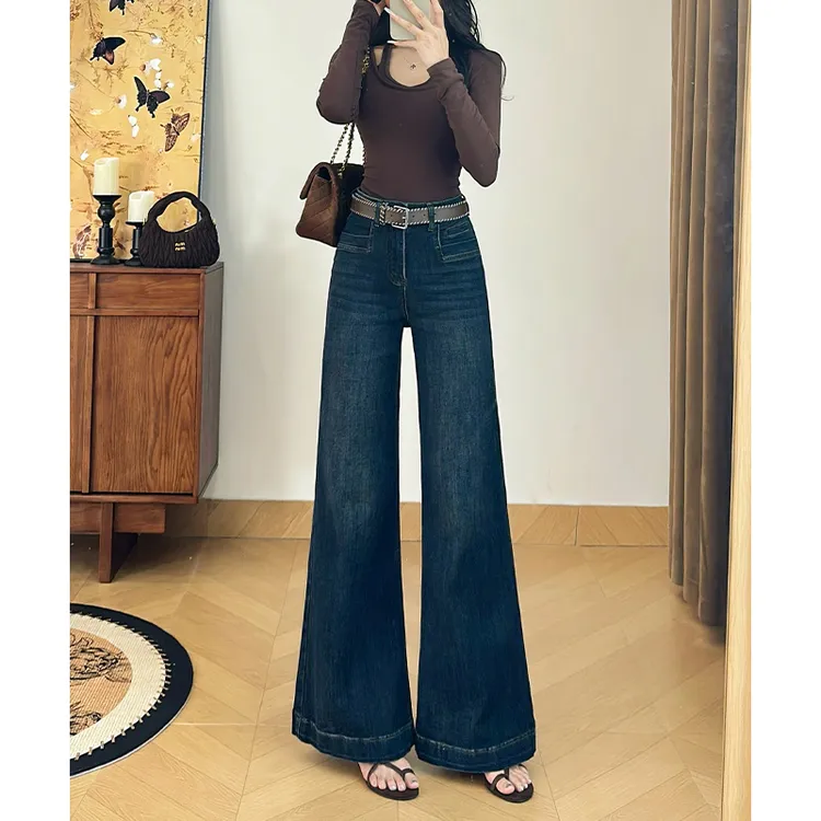 乔栈复古深蓝色设计感不贴腿微喇阔腿牛仔裤女秋冬高腰加绒拖地裤