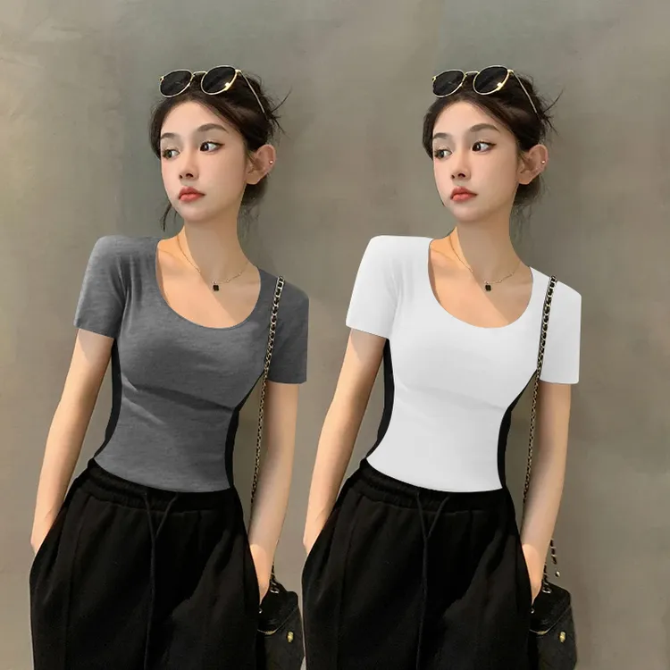 【专柜正品】夏季螺纹拼色T恤女短袖修身打底衫百搭U领显瘦辣妹上衣