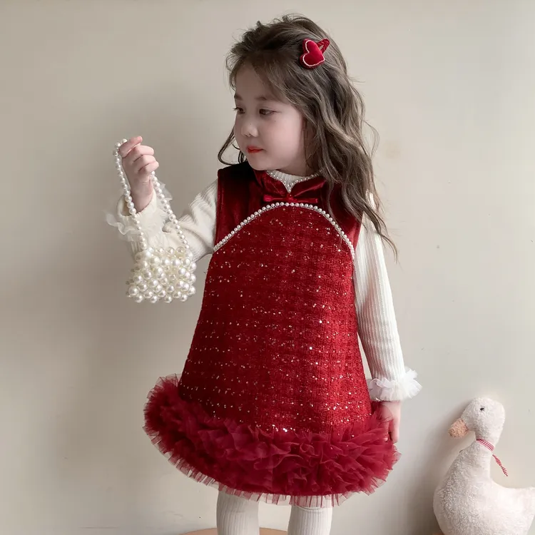 女童年服2025新款爆款洋气汉服女宝宝拜年服加厚小童蛋糕裙两件套