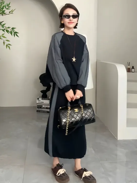 韩系时尚撞色长袖卫衣+半身裙套装女2025秋季新款宽松显瘦两件套t