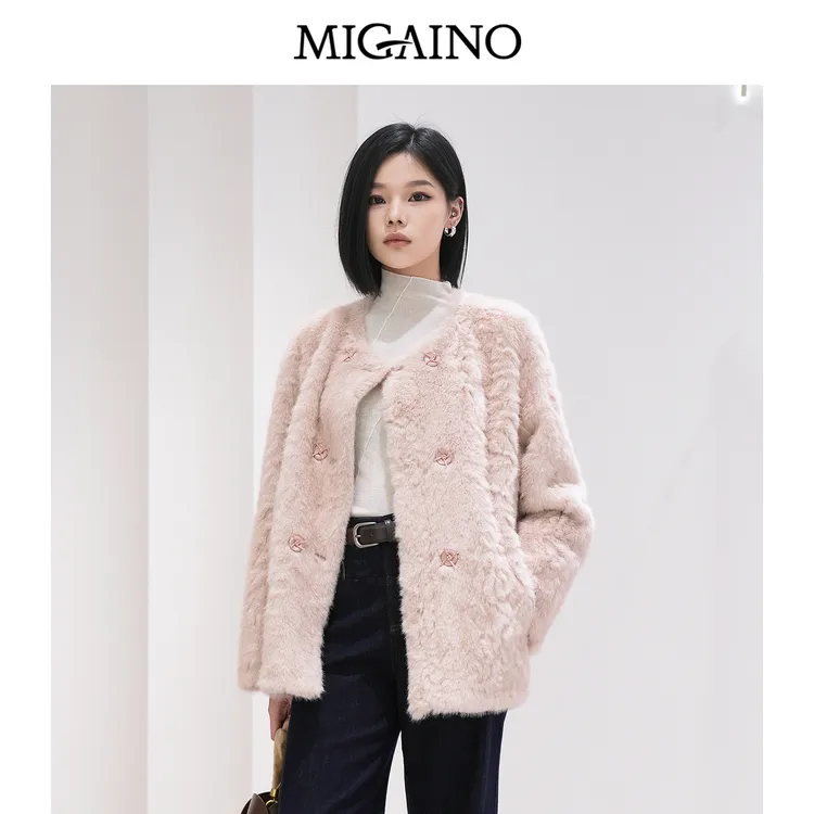 Migaino曼娅奴女装秋冬新款时尚百搭毛茸茸保暖环保皮草粉色外套