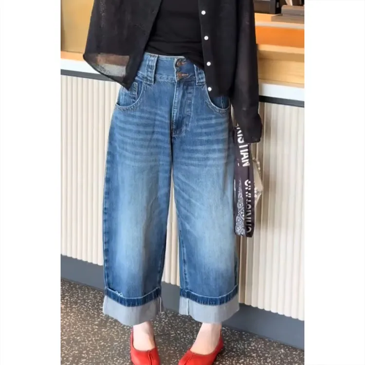 艾塔莉显瘦设计感牛仔裤女夏季新款大码宽松遮肉直筒裤时尚阔腿裤