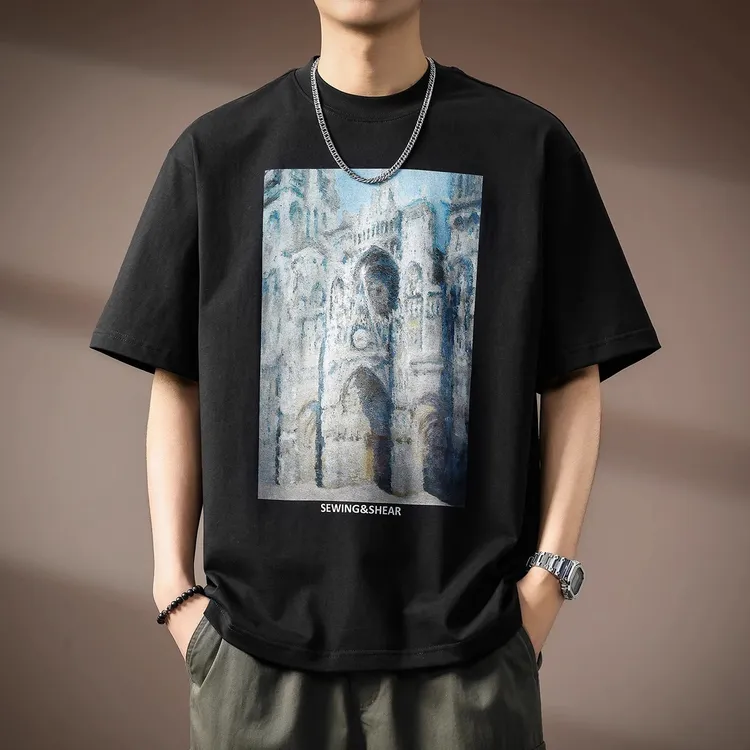 高端白墨直喷印花短袖T恤男士夏季潮牌重磅宽松纯棉上衣