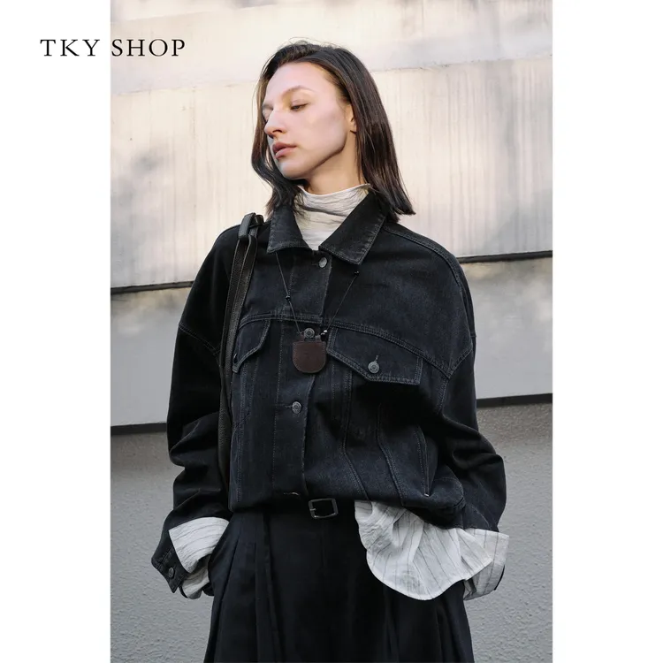 TKYSHOP港风复古做旧牛仔外套女款春秋季节百搭通勤10I1DA00E087