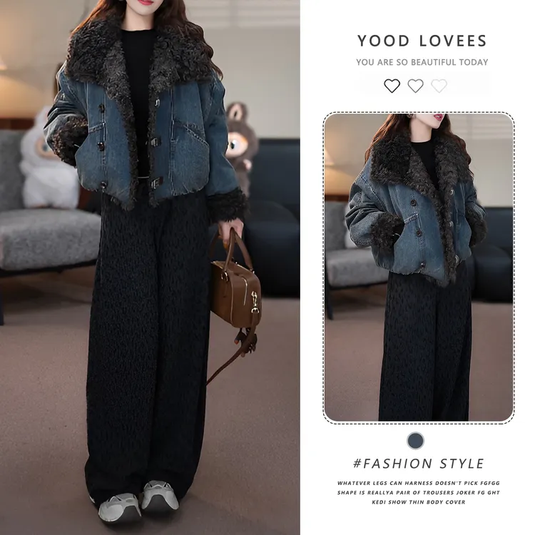 时尚牛仔加厚棉服女2025冬季新款洋气保暖毛毛领拼接保暖短款外套