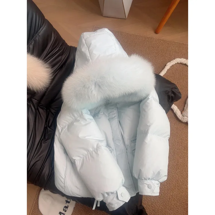 蓝色连帽毛领短款棉服冬季超好看甜美加厚韩版百搭面包服外套女