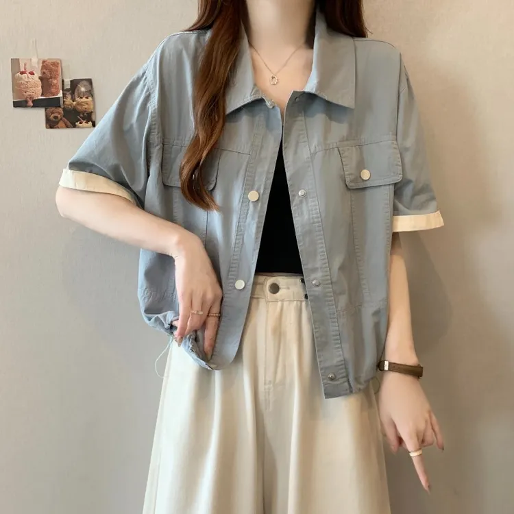 大码设计感工装短袖衬衫女夏季新款胖MM宽松显瘦百搭洋气短款上衣