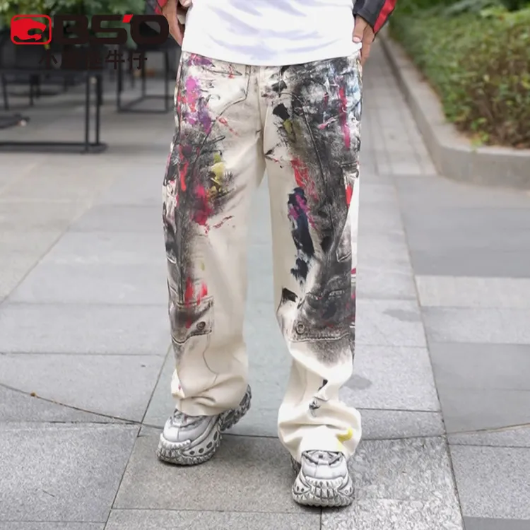 小魔怪秋季新款数码印花AC潮款灼烧牛仔裤男女酷帅宽松直筒长裤子