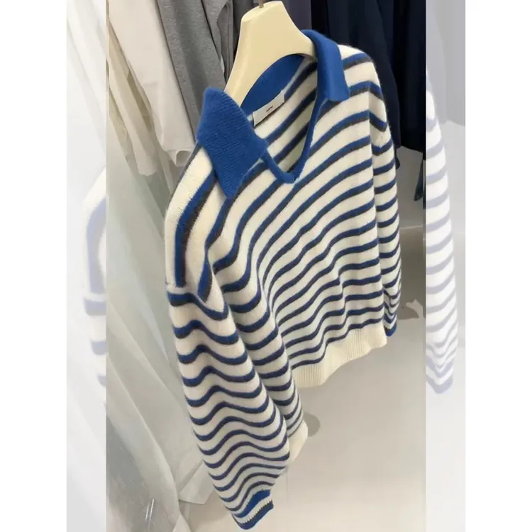 高级感翻领蓝色条纹套头毛衣女秋冬针织衫外穿宽松短款上衣