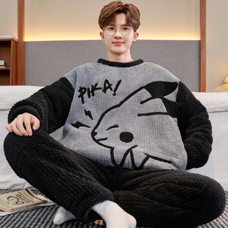 圆领珊瑚绒睡衣男冬季加厚加绒保暖秋冬款卡通冬天家居服两件套装