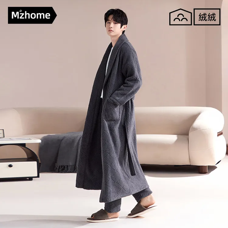 珊瑚绒睡袍男加长款家居服冬季法兰绒浴袍加厚加绒睡衣2025新款
