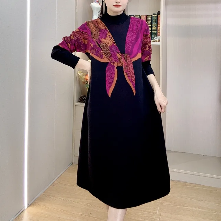 【641】秋冬新款针织宽松假两件连衣裙女装气质减龄显瘦大码中年女