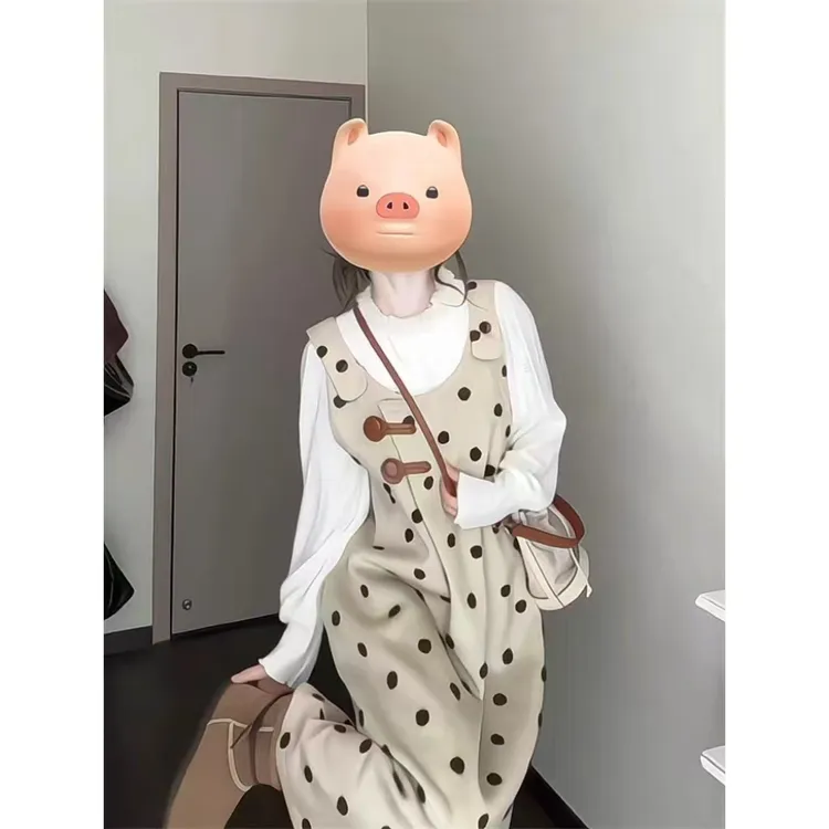 韩系小个子洋气减龄秋冬薄绒时尚打底衫吊带背带波点连衣裙套装