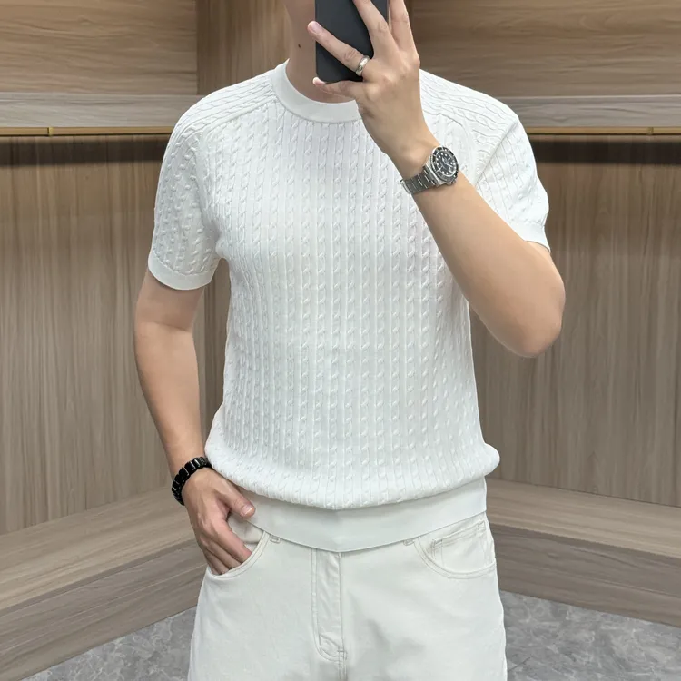 早秋男士针织雅痞圆领毛衣商务休闲百搭马鞍肩扭花针织短袖时尚潮