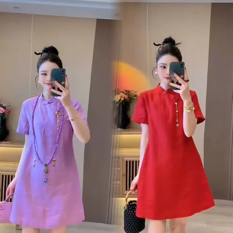 685欧洲站2024夏季新新中式国风盘扣纯色连衣裙气质显瘦立领短裙