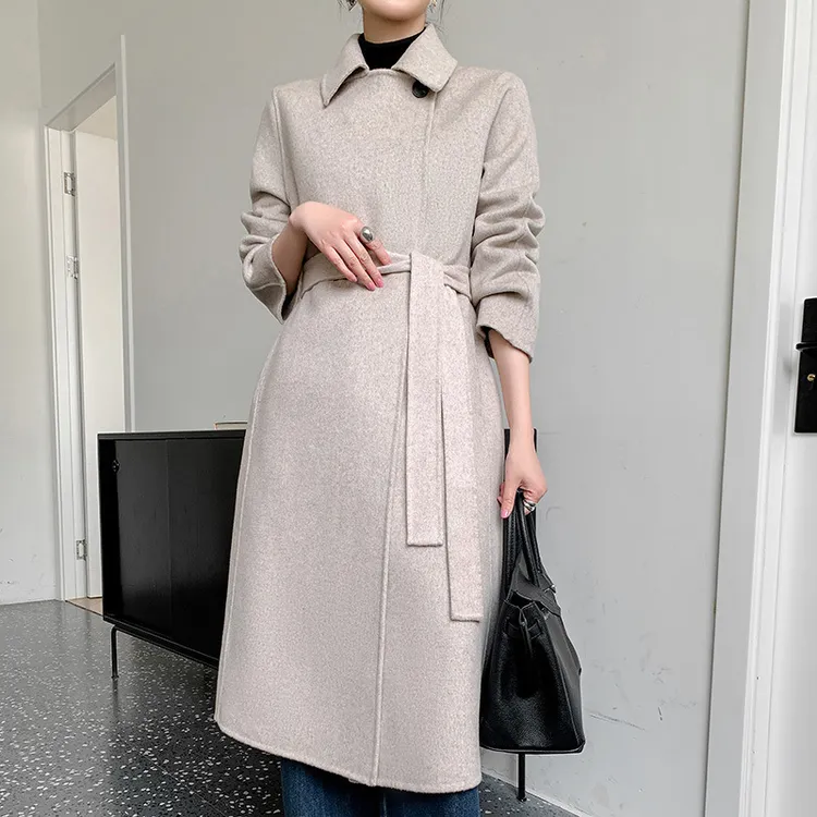 羊毛大衣女圆领中长款过膝腰带双面呢子外套韩版宽松保暖百搭
