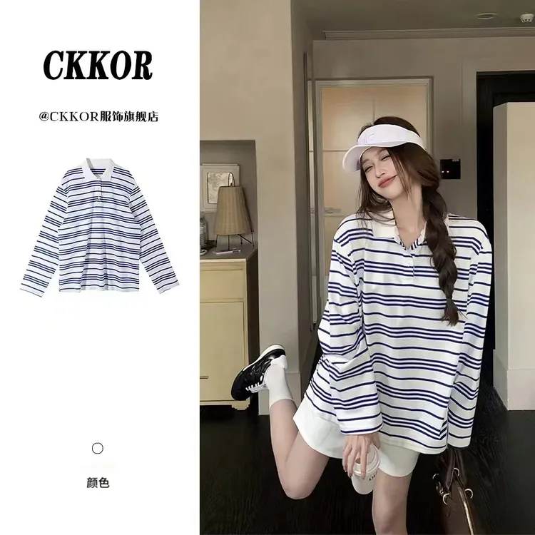 CKKOR蓝白条纹正肩POLO领长袖t恤女设计感简约休闲百搭甜辣妹上衣