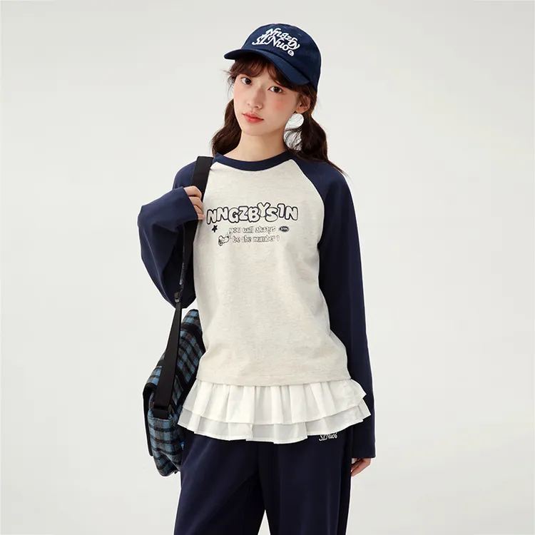 初中生秋季新款女童韩系休闲撞色字母插肩袖T恤长袖C25CT0187B