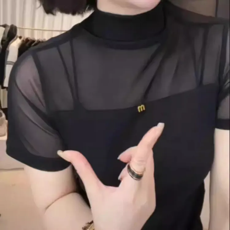 短袖半高领凉感网纱打底衫夏季薄款遮肚显瘦修身蕾丝洋气上衣女