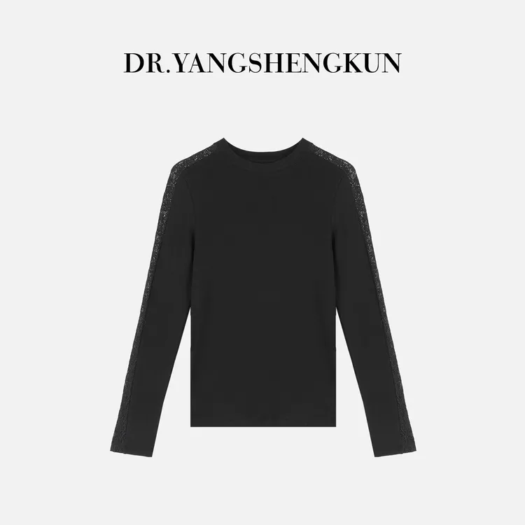 杨圣坤2025冬季新品法式蕾丝镂空拼接长袖加绒打底T恤SL25112414