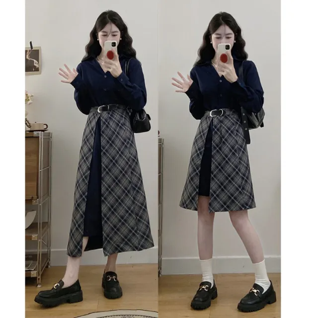 大码复古假两件长袖连衣裙女秋季高级感衬衫裙胖MM遮肚显瘦长裙子