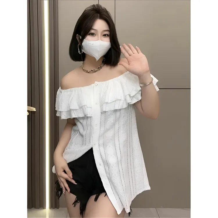 大码女装设计感荷叶边收腰一字肩衬衫女夏微胖mm修身显瘦韩系上衣