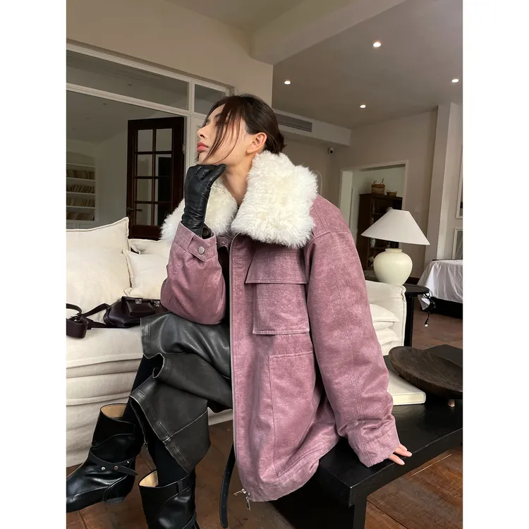 JCCC影子【酒渍玫瑰】绛紫色90白鸭绒羊毛领短款PU羽绒外套JE5PAR10