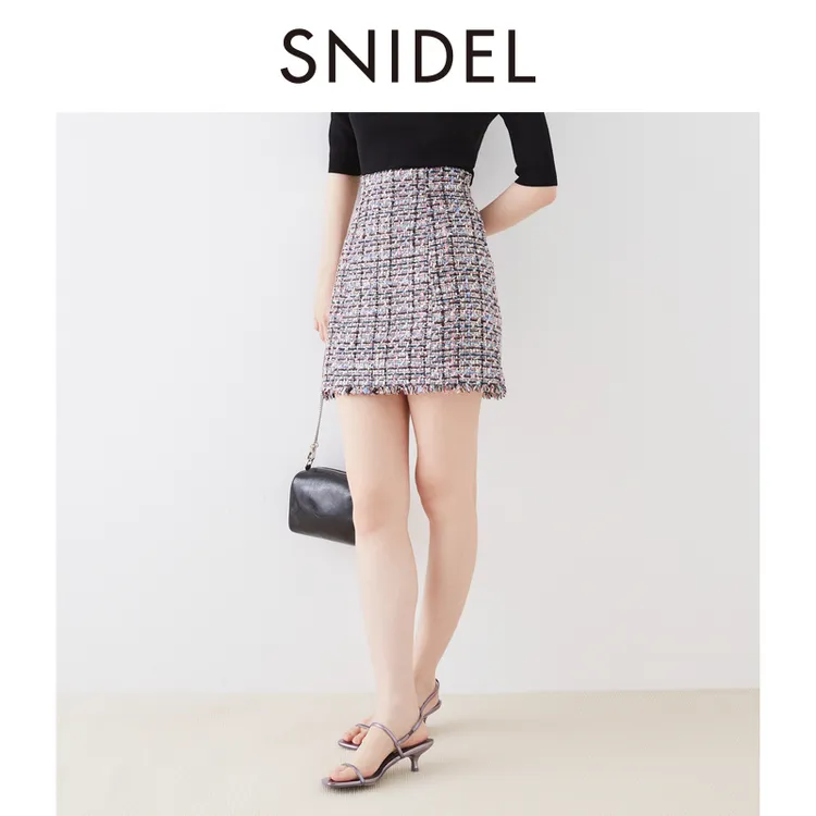 SNIDEL2025春夏高腰流苏粗花呢小香风A字短裙裤SWFP252041