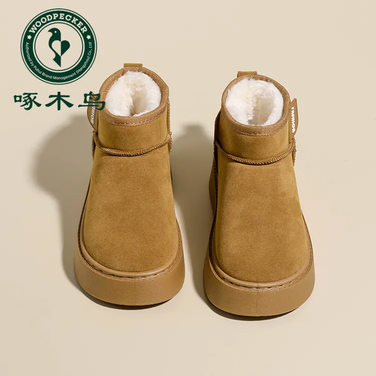 啄木鸟加绒雪地靴女外穿厚底冬季新款百搭洋气短筒靴加厚保暖棉鞋