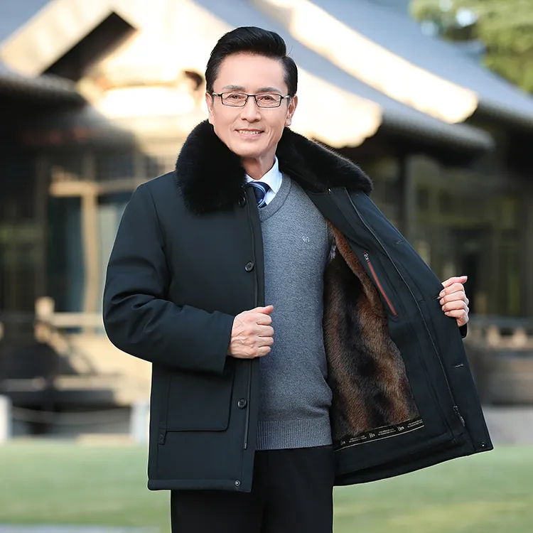 爸爸装外套中老年人棉衣男士加绒加厚可脱卸内胆大码冬季爷爷棉袄