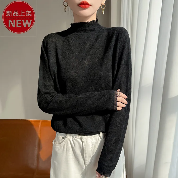 品牌轻奢蕾丝木耳边时尚提花气质微透休闲百搭套头优雅长袖针织衫