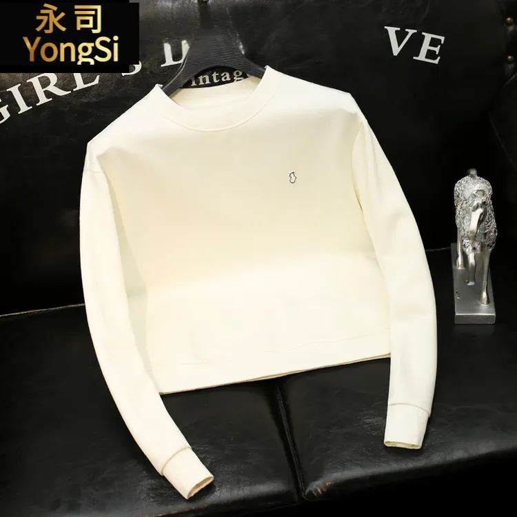 简约圆领长袖卫衣男士青年设计感小袖标纯色打底衫套头休闲男款t