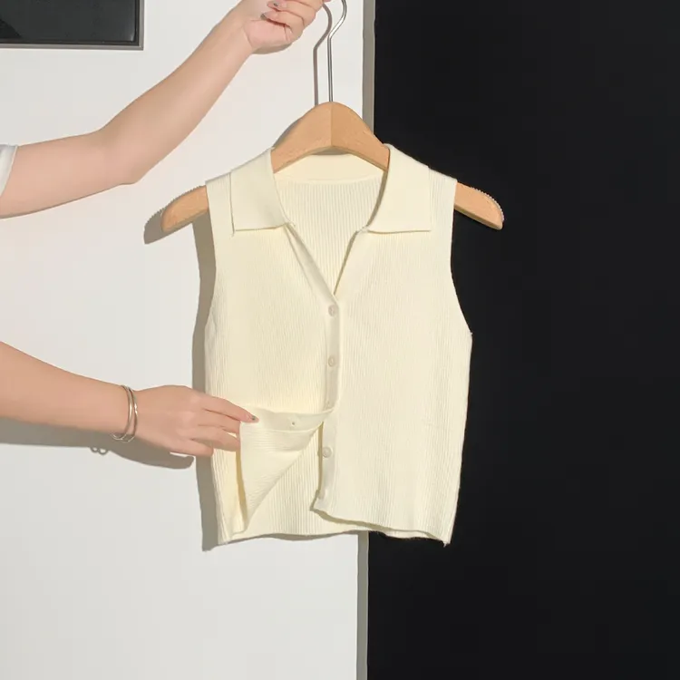 设计感美式复古polo领纯欲薄款吊带背心女夏内穿外搭无袖开衫上衣
