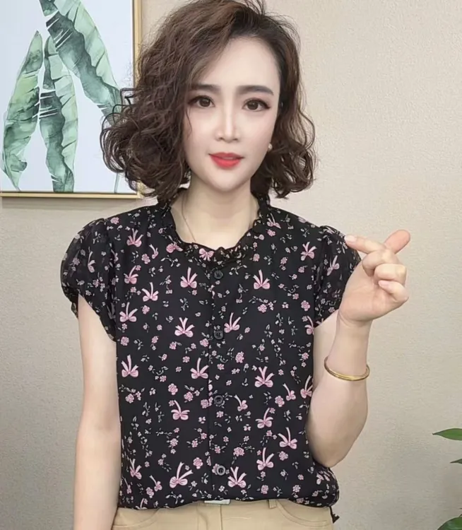 2025夏季新款时尚休闲简约花边领碎花泡泡袖百搭显瘦短袖#5698456