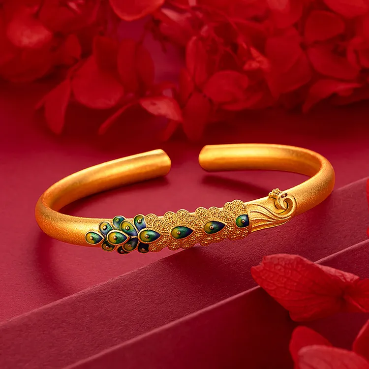 铜合金手镯 珐琅孔雀开口手镯强保色古法贵气高雅妈妈镯子