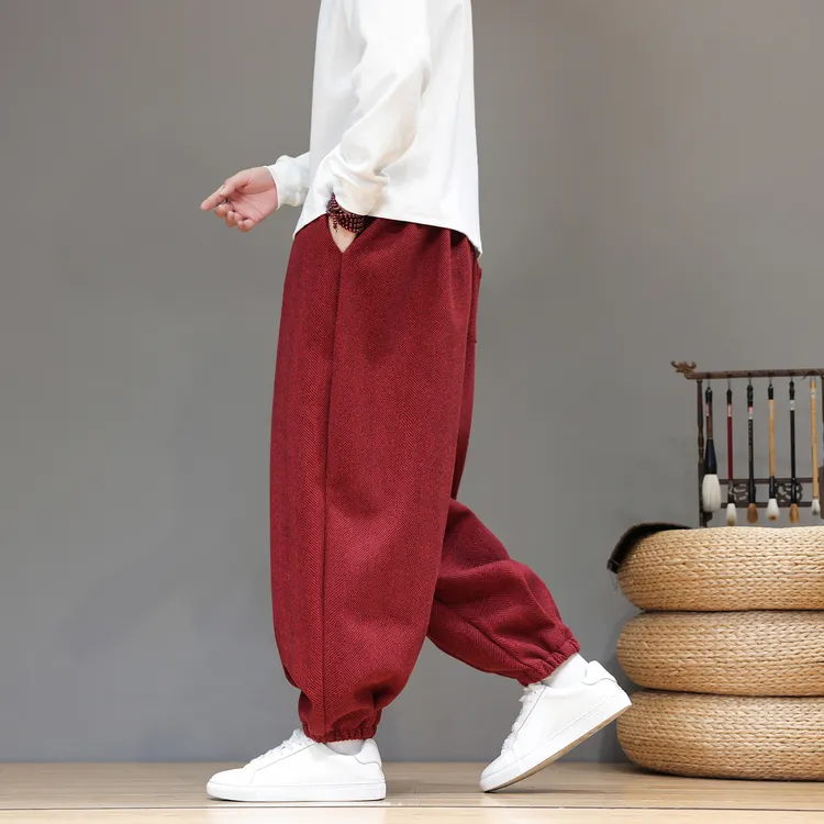 中国风休闲裤男士哈伦裤加绒加厚束脚裤保暖灯笼裤男长裤大码裤子