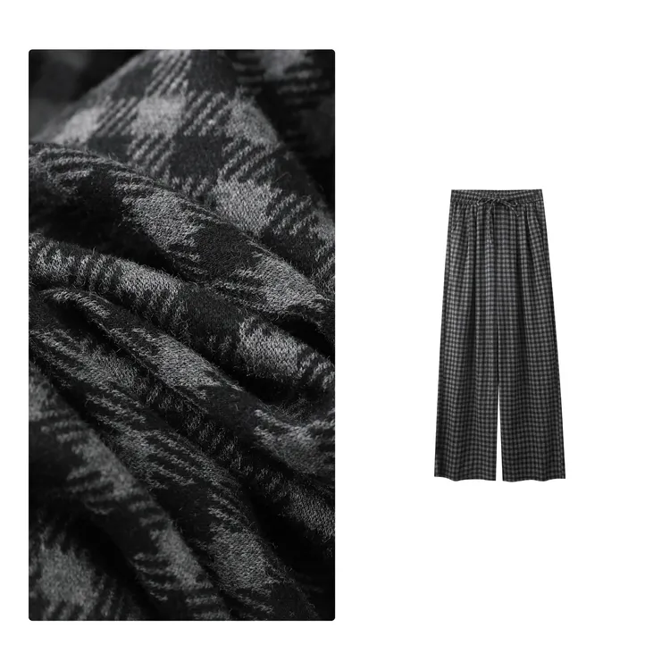 B 门店4&99！布拉格休闲裤」经典格子磨毛显瘦直筒阔腿裤女 C23665