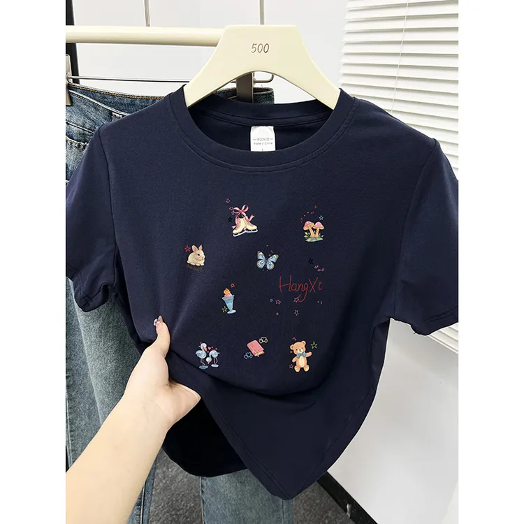 藏蓝色短袖女t恤2025夏季圆领正肩时尚洋气印花韩版小个子上衣ins