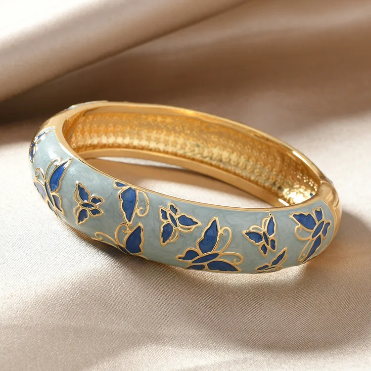黄铜珐琅手镯 景泰蓝复古珐琅蝴蝶女小清新开口手镯民族风宫廷风
