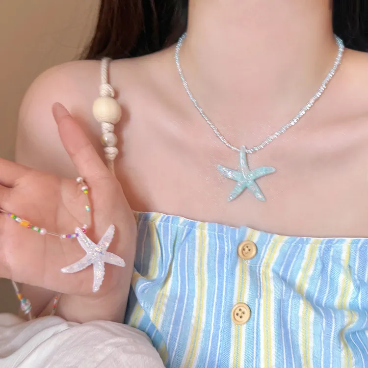 合金项链 多巴胺海星串珠项链女夏日海边度假甜酷叠戴锁骨链配饰