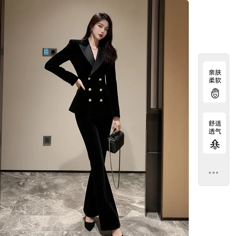 2025年秋冬新款金丝绒修身翻领双排扣气质西装套装职业装工作服女