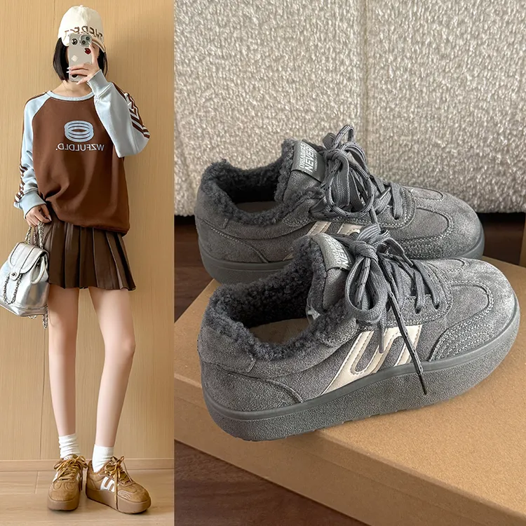 爆款加绒灰色德训鞋女款2025冬季百搭复古厚底时尚休闲运动板鞋女