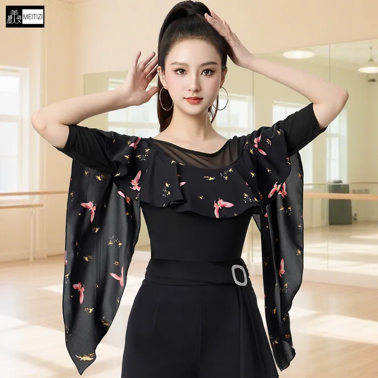 新款摩登舞服女上衣圆领网纱蝴蝶印花中袖拉丁舞广场舞交谊舞蹈服