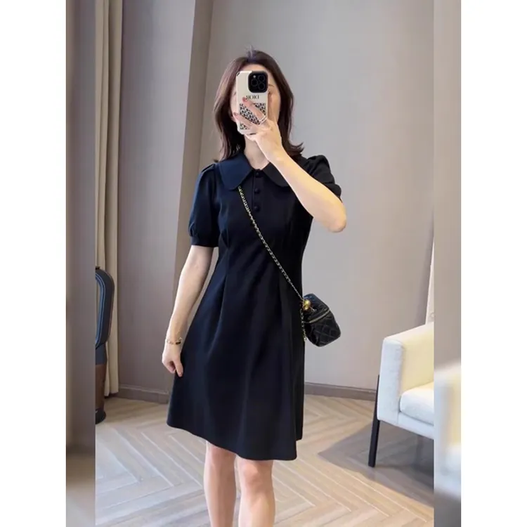 夏季薄款大码遮肚子气质连衣裙胖妹妹收腰显瘦泡泡袖Polo小黑裙子