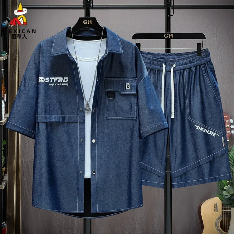 稻草人夏季男士薄款牛仔短袖衬衫套装潮流帅气宽松休闲短裤两件套