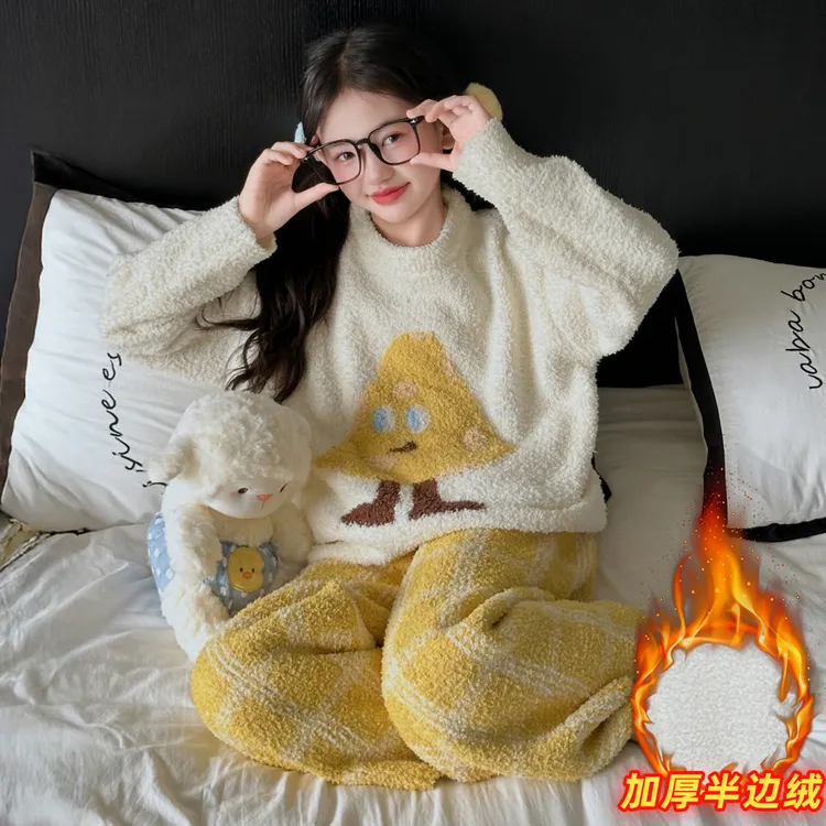 女童半边绒睡衣秋冬季冬款可爱洋气加厚加绒珊瑚绒儿童家居服套装