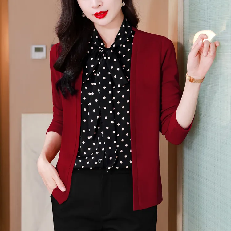 时尚假两件长袖波点衬衫女秋装新款气质针织小衫减龄洋气妈妈上衣