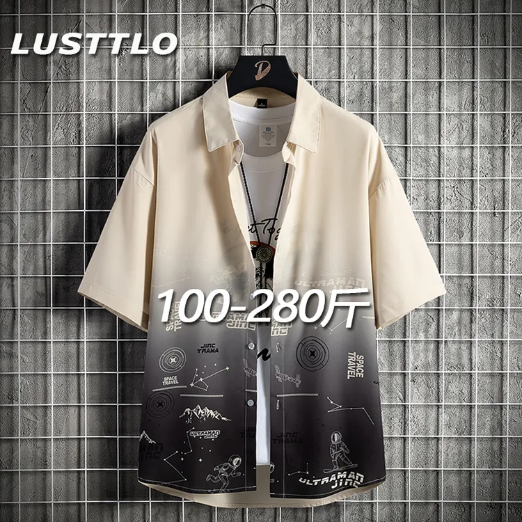 大码衬衫男士夏季潮牌薄款宽松翻领百搭印花衬衣加肥加大帅气外套